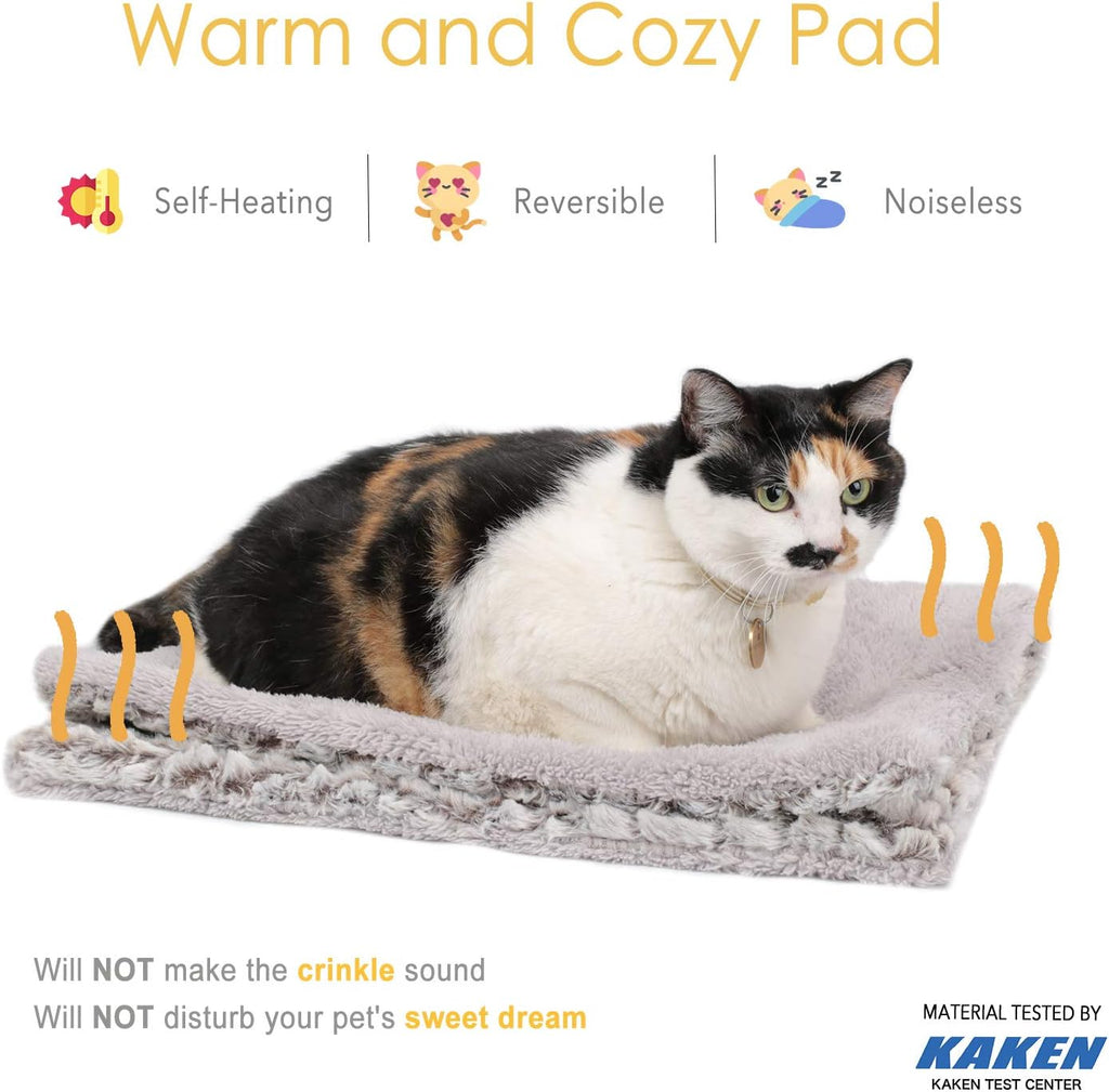 Thermal heated cat mat showing the reversible plush and fleece layers.