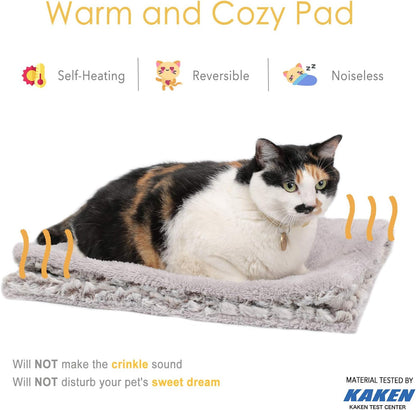 Thermal heated cat mat showing the reversible plush and fleece layers.