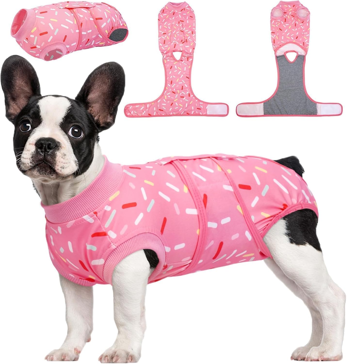Kuoser dog recovery suit front view on a small puppy