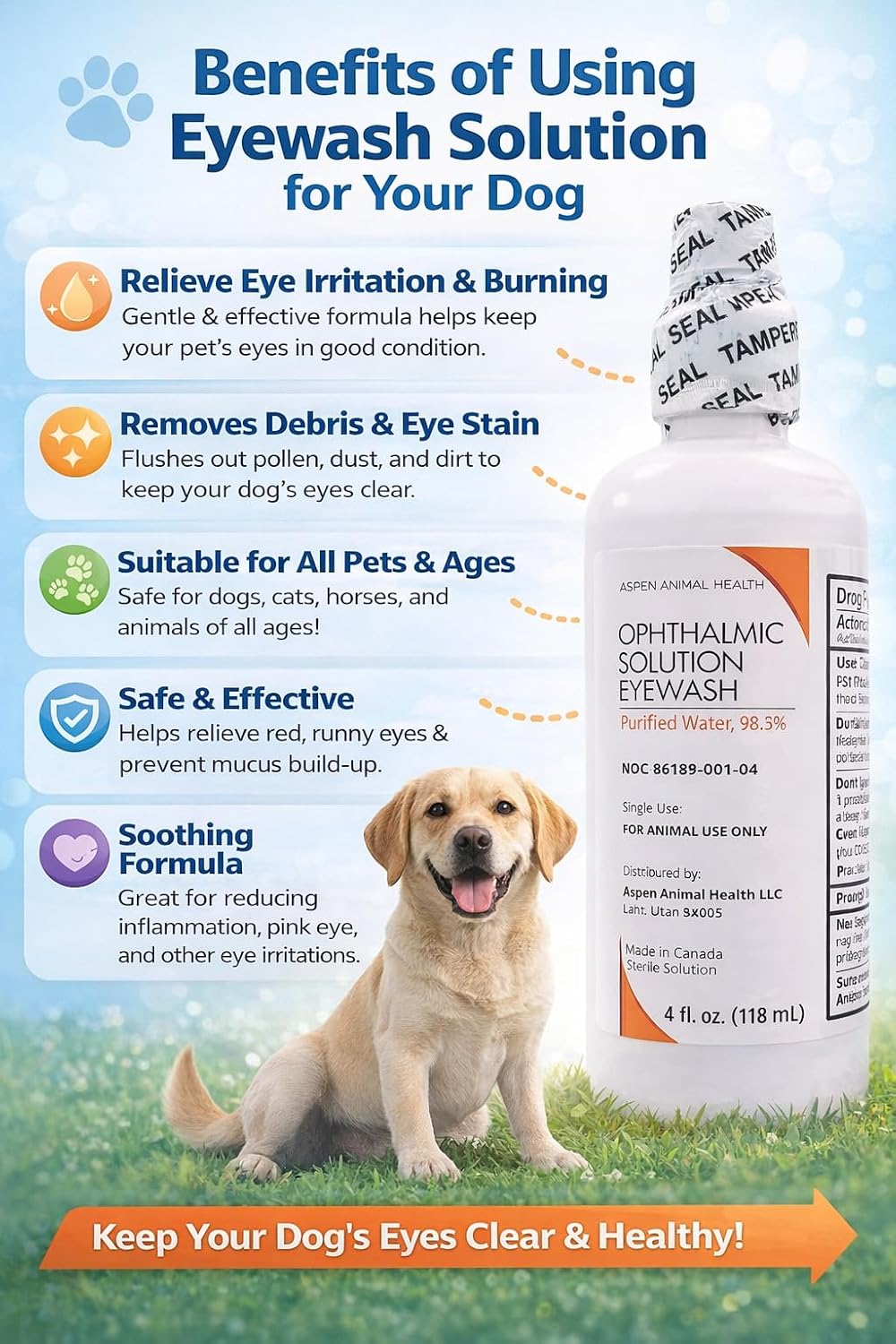 Aspen Animal Health sterile ophthalmic solution bottle featuring 98.3 percent purified water specification.