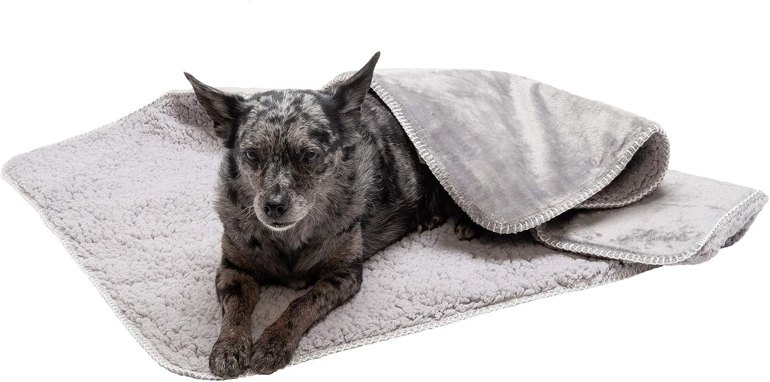 Furhaven self heating pet blanket revealing the plush sherpa reverse side