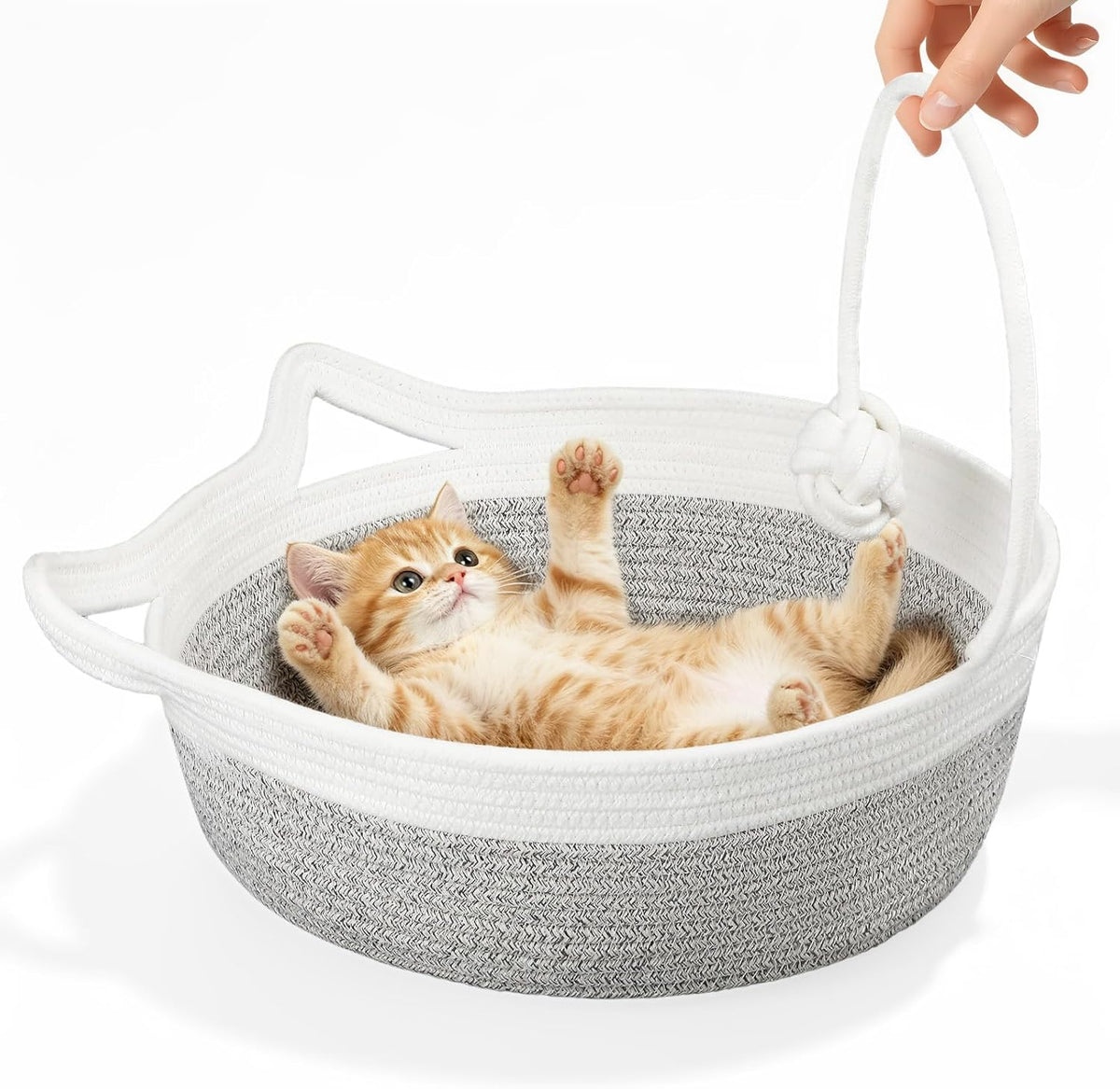 Cotton Rope Woven Cat Bed, Pet Sleeping Bed with a Playing Rope Ball, Foldable Sleeping Basket for Cats, Puppies, Rabbits and Small Pets (Large, Brown & Beige) - Image 10