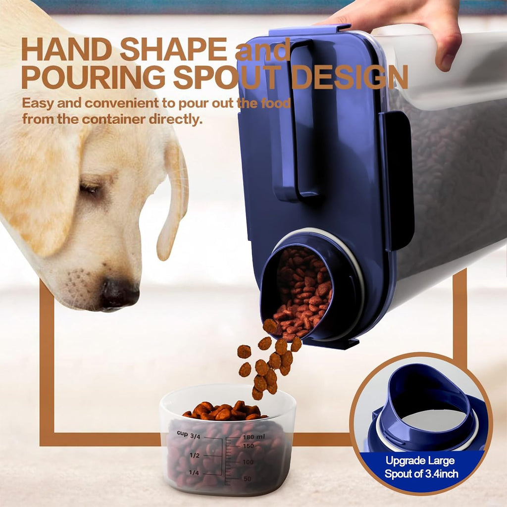 Tiovery pet food dispenser with measuring cup and spout