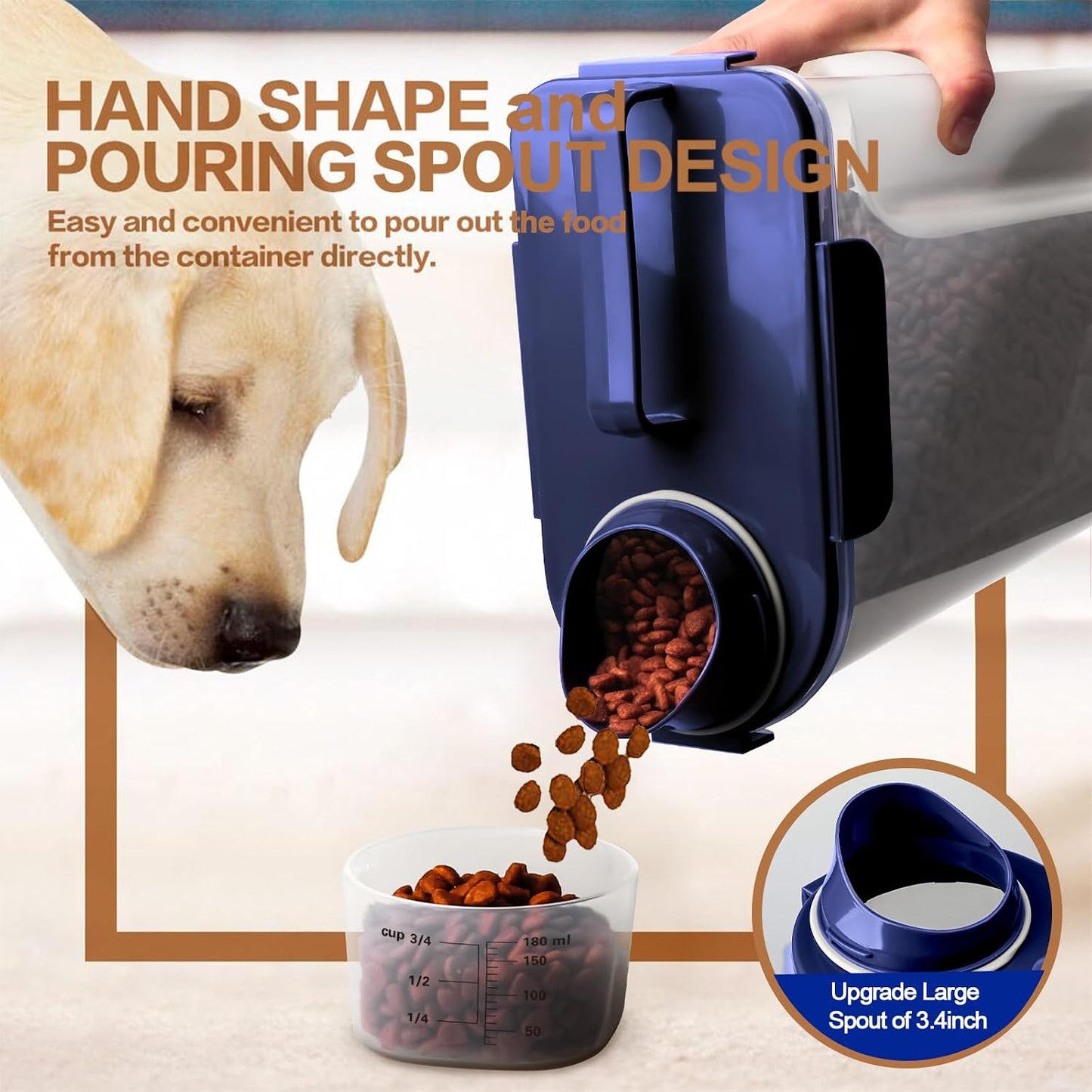Tiovery pet food dispenser with measuring cup and spout
