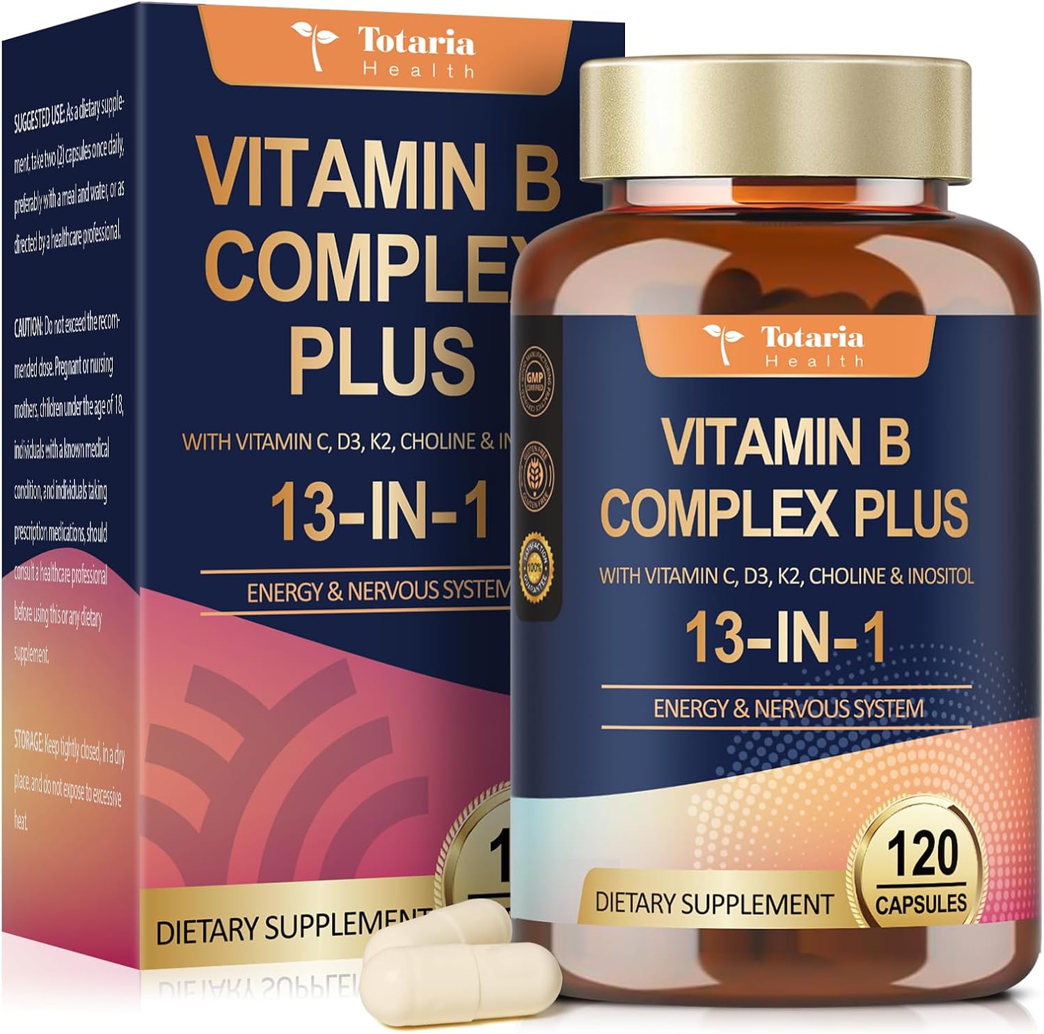 Totaria 13 In 1 Vitamin B Complex Plus 120 vegan capsules front bottle view for daily energy management