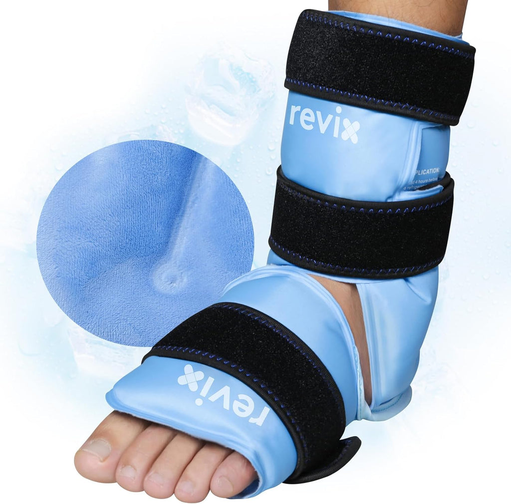 Revix ankle ice pack wrap front view for foot pain relief