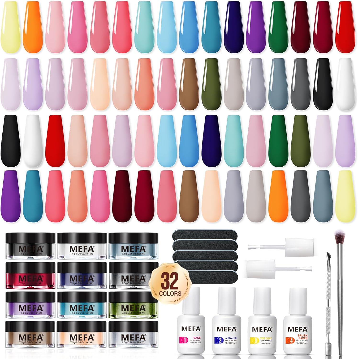 MEFA dip powder nail kit with 32 colors including pink blue red and white