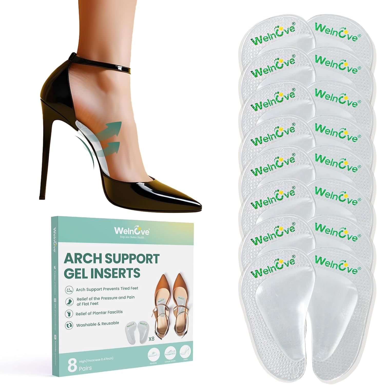 Welnove Gel Arch Support Inserts 8 pair pack front view for flat feet relief.