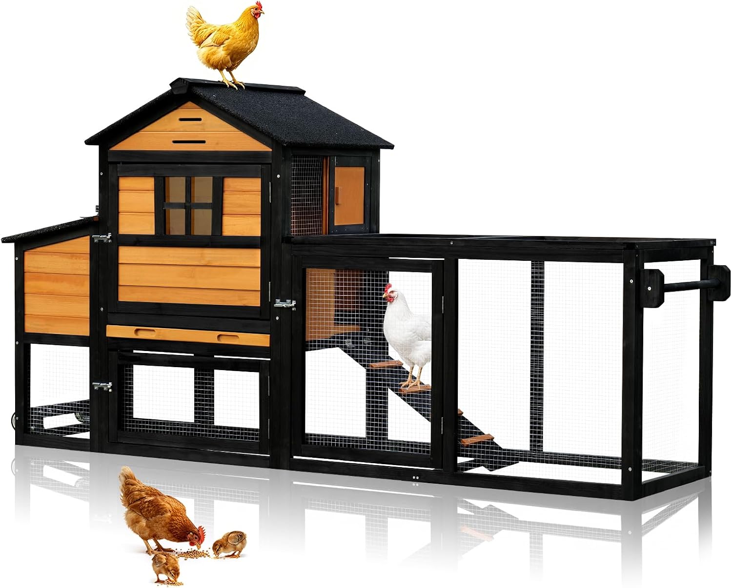 Chicken Coop with Wheels for 4-6 Chickens, Mobile Hen House with Run, Outdoor Chicken Coop, Ventilated Window, Easy-Clean Nesting Box, Weatherproof Asphalt Roof, 82.7" L x 25.6" W x 44.1" H, Brown - Image 1