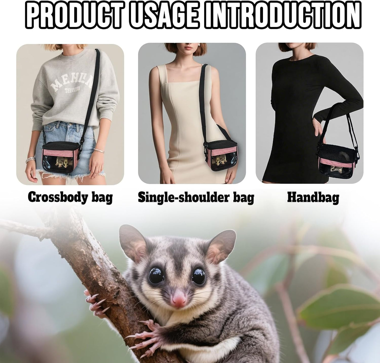 Small Pet Carrier Bag - Single - Shoulder Outdoor Carrier for Hamsters, Sugar Gliders & Flying Squirrels Portable Small Pet Travel Bag (Pink) - Image 4