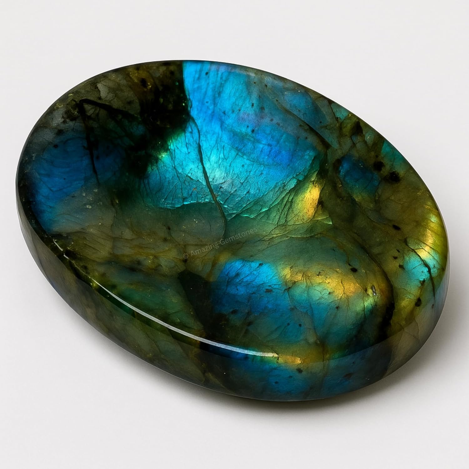 Amazing Gemstone Labradorite Thumb Worry Stone front view featuring blue flash effect