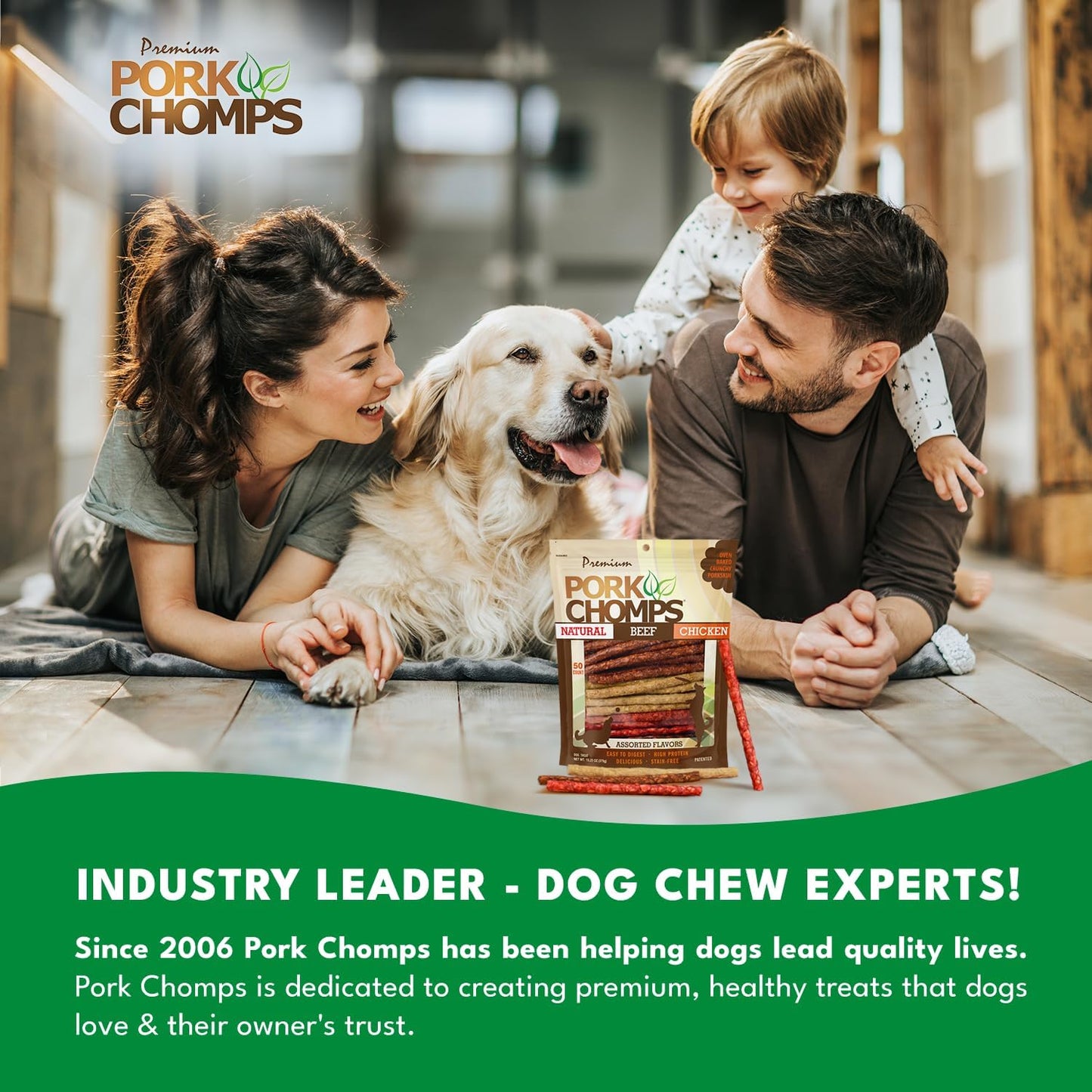 Pork Chomps five inch munchy sticks packaging showing ingredients and details