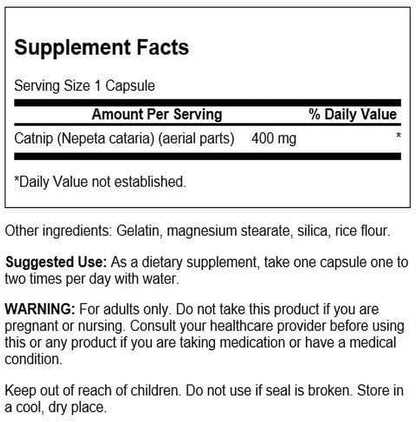 Swanson Catnip 400 Milligrams bottle side view displaying supplement facts and usage instructions.