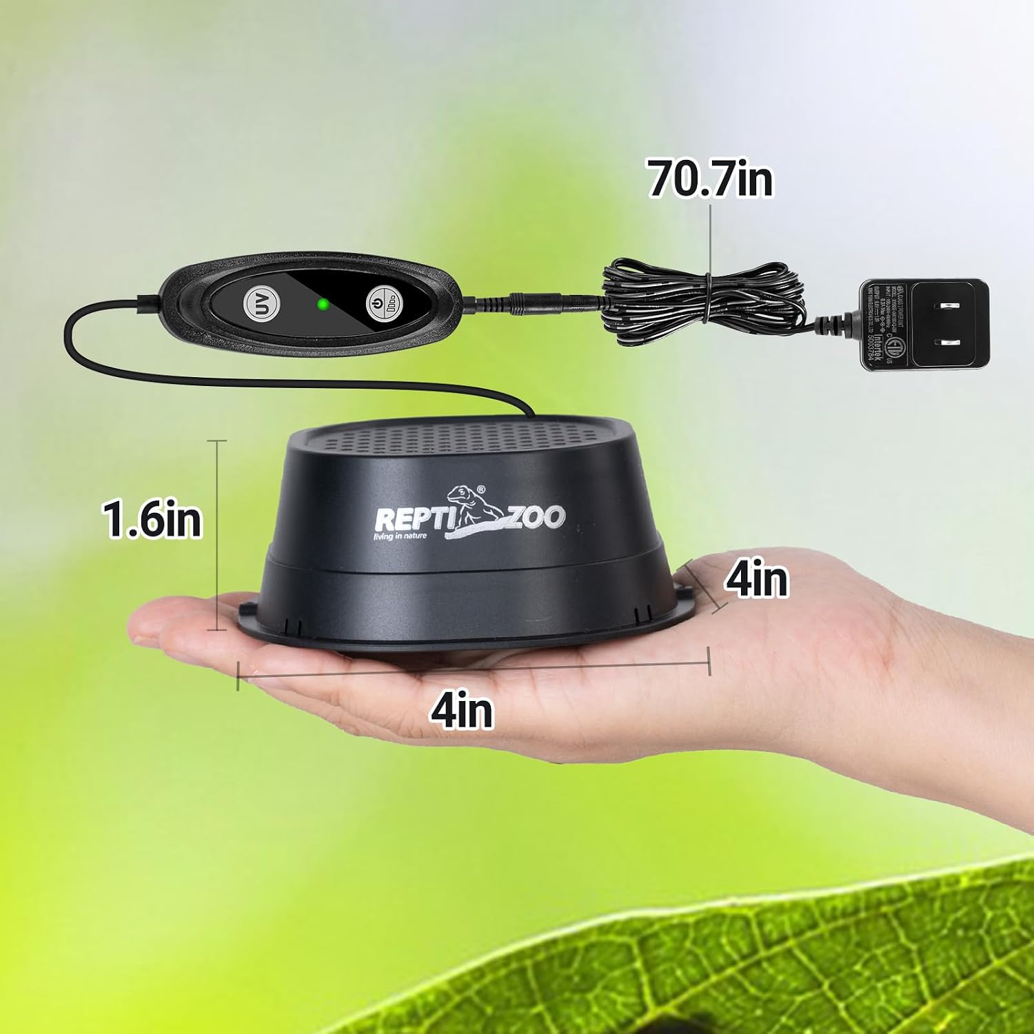 Energy efficient reptile basking lamp displaying remote control functions.