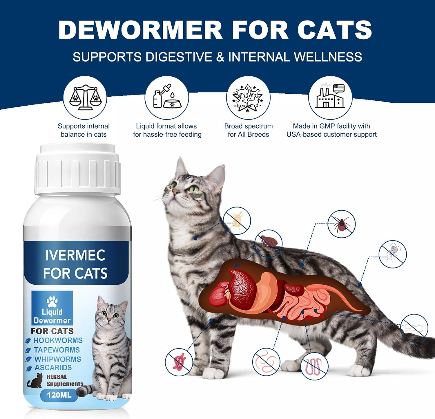 BiKontrun liquid cat dewormer bottle with included precise oral dosing syringe