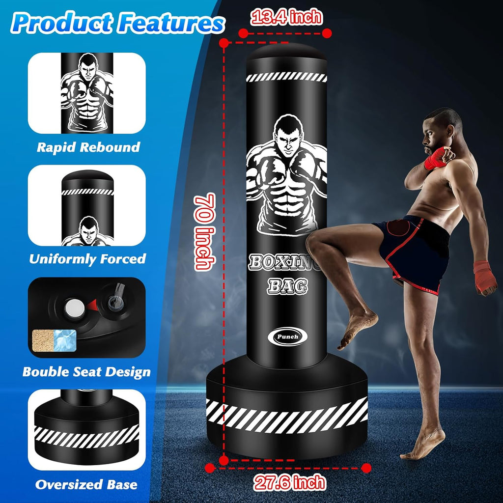 Inflatable black and white adult boxing bag showing rapid rebound action.
