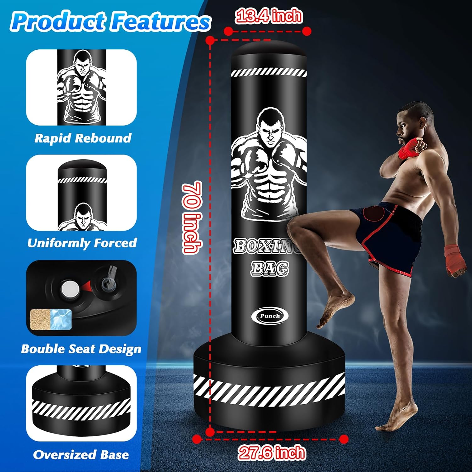 Inflatable black and white adult boxing bag showing rapid rebound action.
