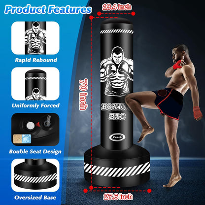 Inflatable black and white adult boxing bag showing rapid rebound action.