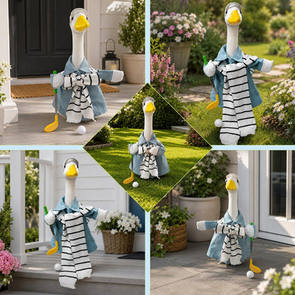DISGIVO premium lawn statue garment installed on a front porch cement goose showing secure windproof knots.