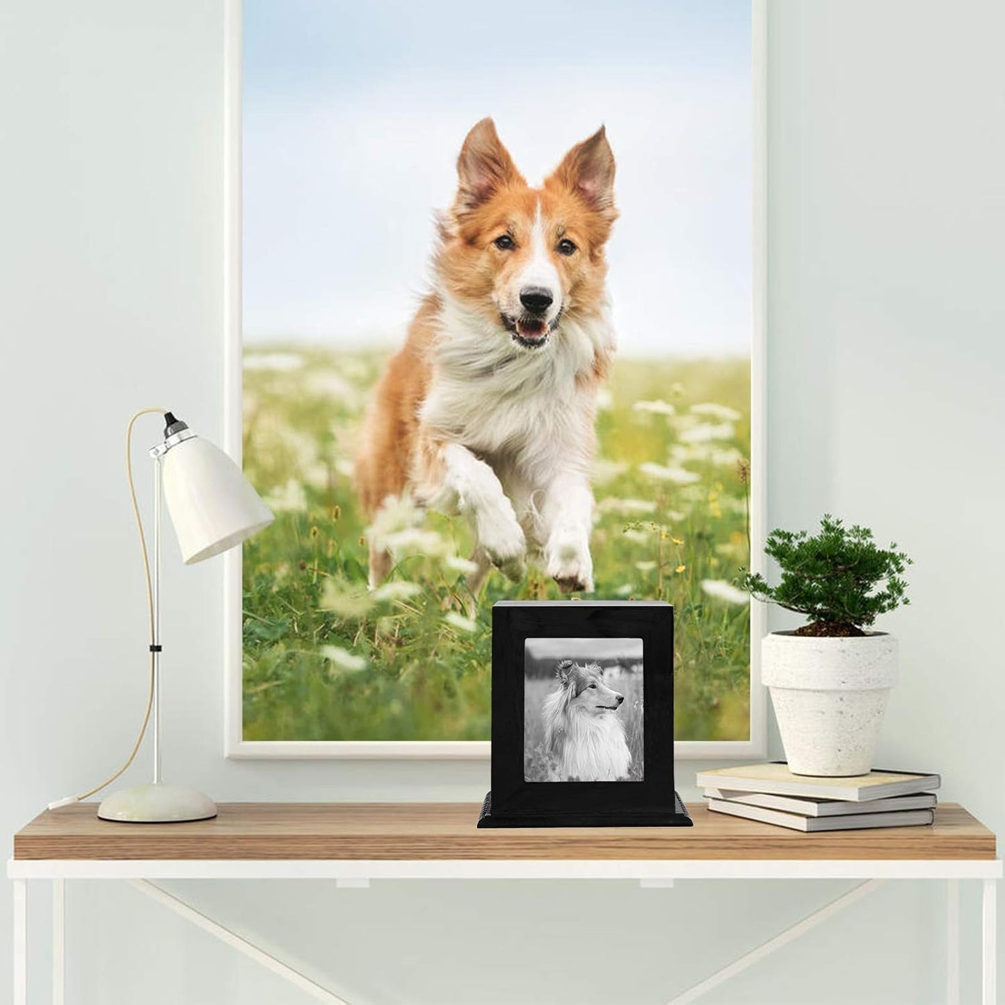 BRKURLEG pet urn displayed with a pet photograph