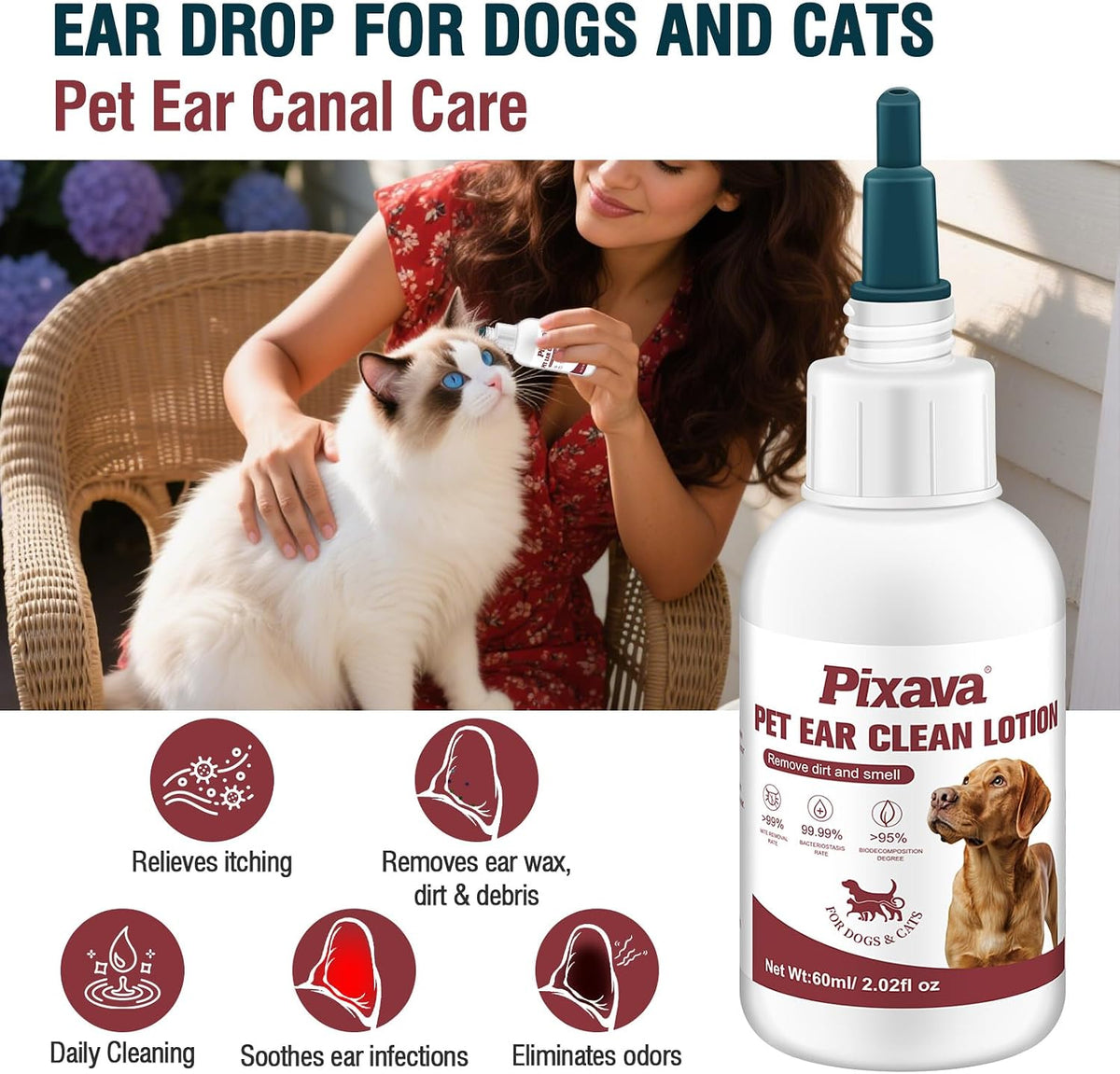 Pixava 60ml dog and cat ear cleaning solution