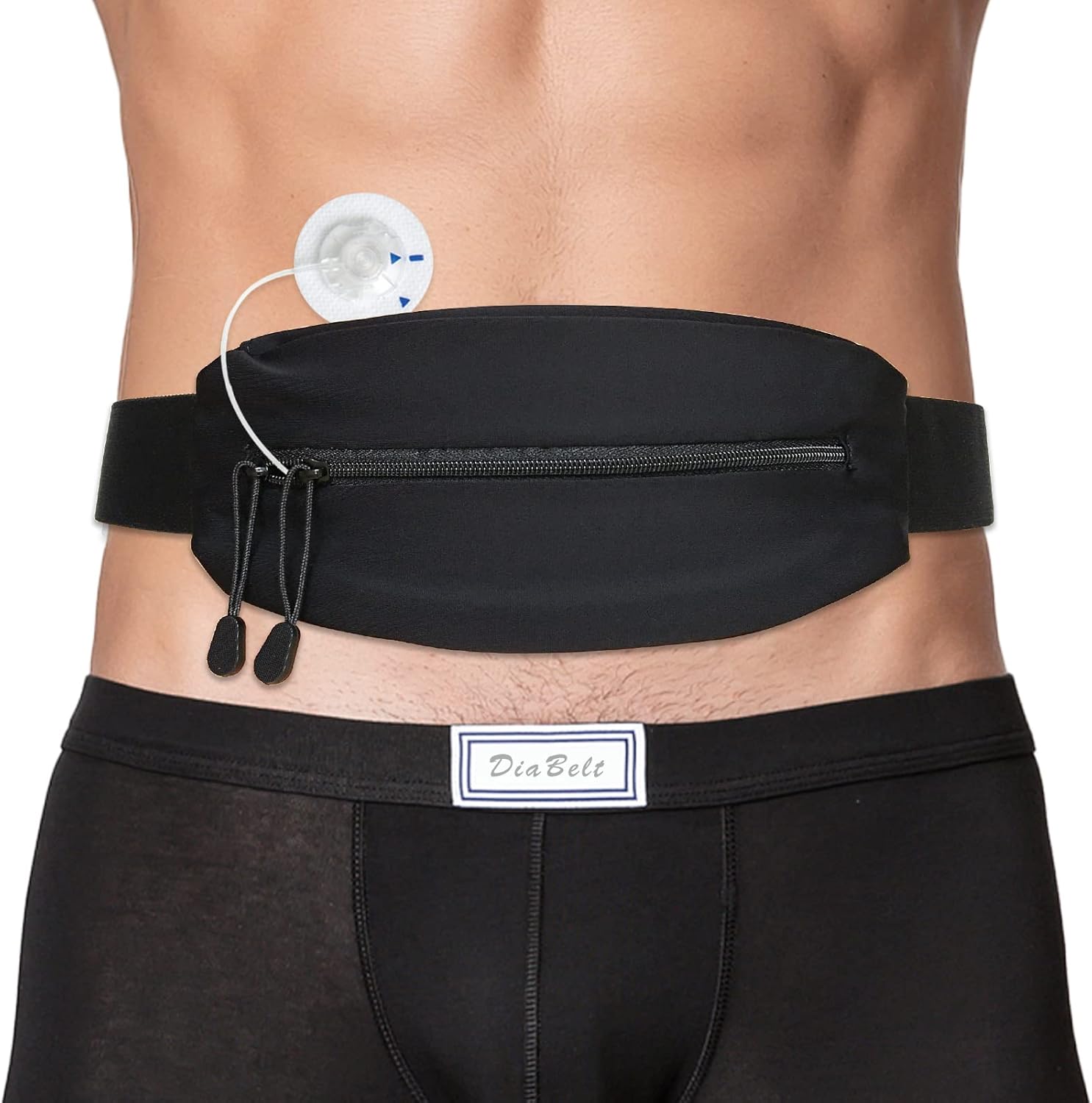 DiaBelt insulin pump belt front view showing black double slide zipper pouch