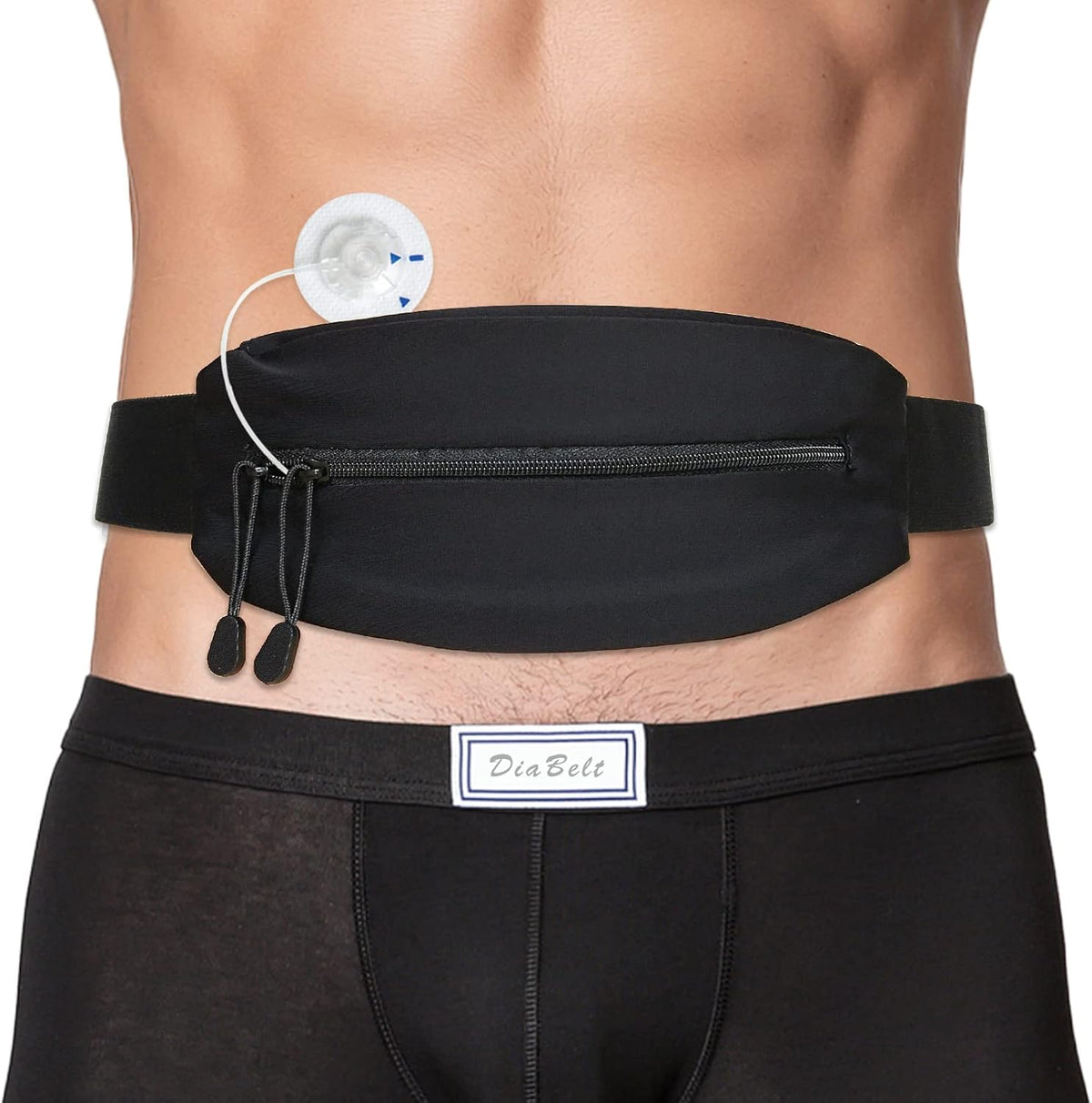 DiaBelt insulin pump belt front view showing black double slide zipper pouch