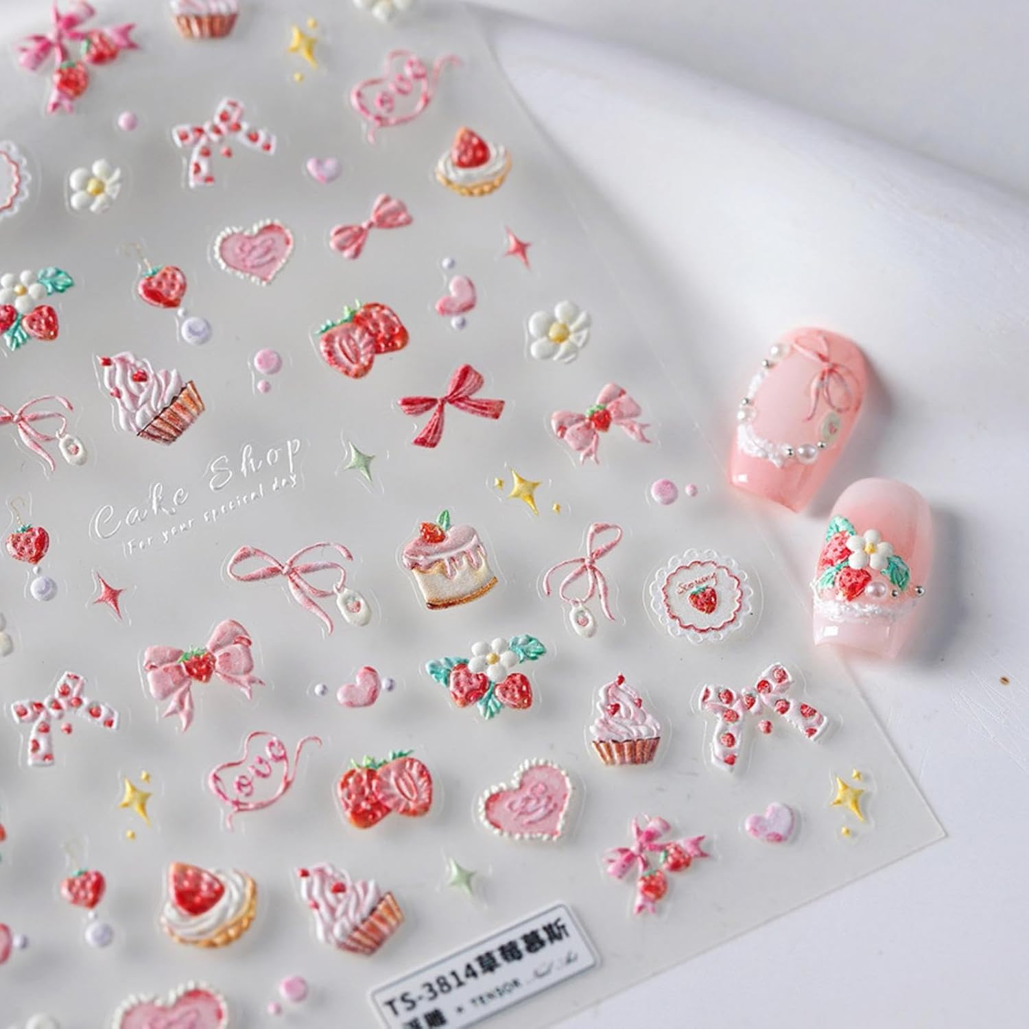 Nbntgh 5d embossed pink strawberry cake nail stickers front packaging