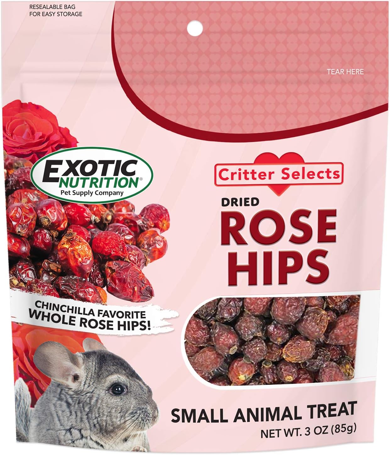Exotic Nutrition Dried Rose Hips three ounce packaging front view showing premium natural treat for small animals