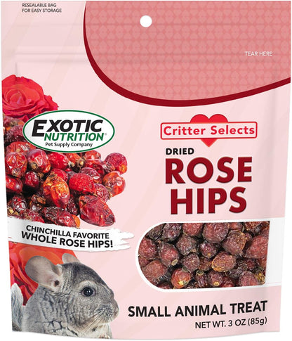 Exotic Nutrition Dried Rose Hips three ounce packaging front view showing premium natural treat for small animals