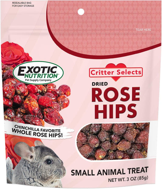 Exotic Nutrition Dried Rose Hips three ounce packaging front view showing premium natural treat for small animals