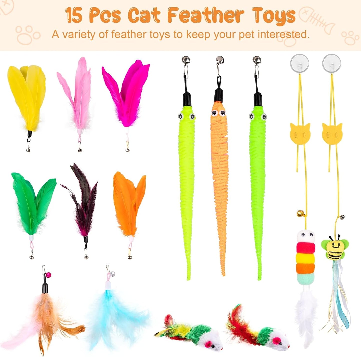 Fifteen piece cat teaser toy set featuring colorful feathers, worms, and bells