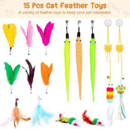 Fifteen piece cat teaser toy set featuring colorful feathers, worms, and bells