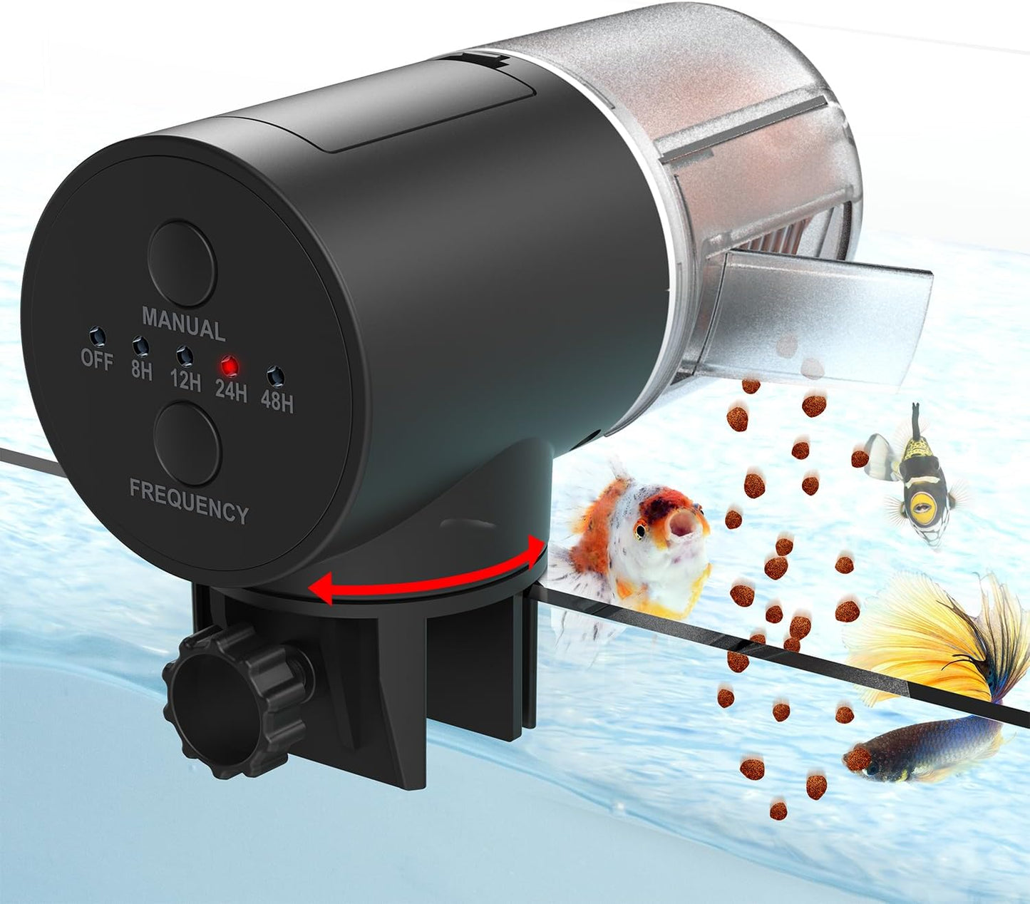 JuzPetz automatic fish feeder front view on a modern glass aquarium setup