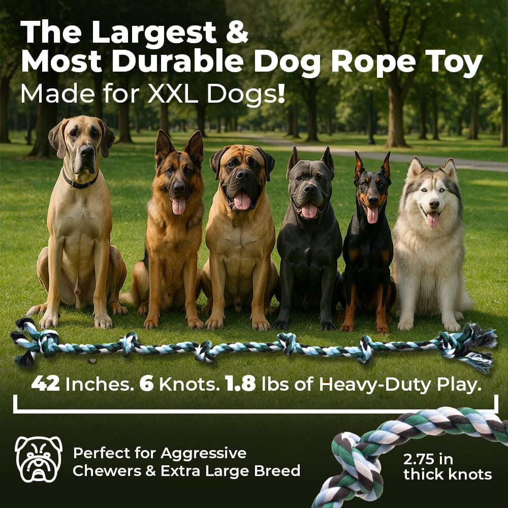 Pacific Pups Products XXL rope toy for extra large dogs held up to show massive scale