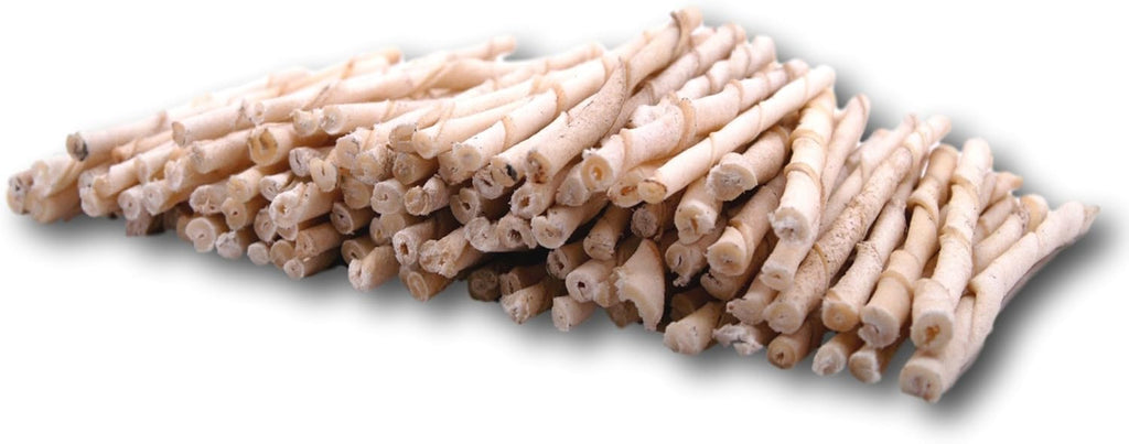 Five inch natural rawhide twist sticks for puppy dental care and plaque reduction.