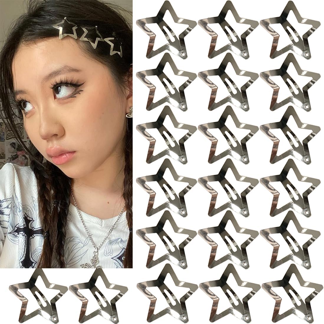 Seneeel star hair accessories front view displaying twenty silver metal snap clips.