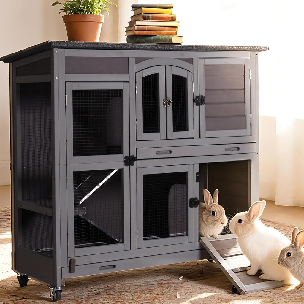 GUTINNEEN Rabbit Hutch Mobile Bunny Cage with Large Wheels, Chewproof Ramp, Leak Proof Trays - Ideal Cage for Rabbits, Guinea Pigs, Indoor/Outdoor Use, 44" L x 20" W x 41.5" H - Image 1