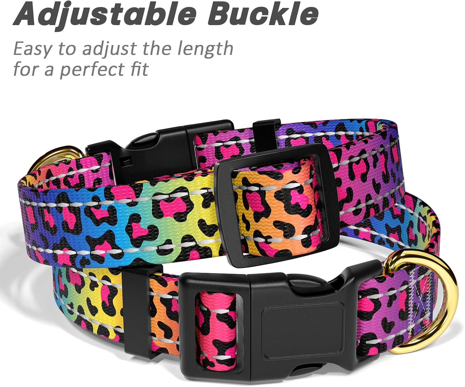 Durable metal D-ring attachment on leopard print collar