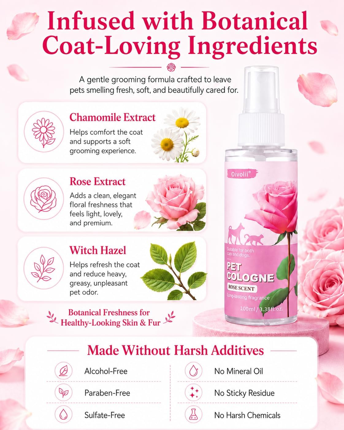 Oivolii natural botanical pet cologne showing the liquid clarity and fine mist spray nozzle.