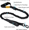 Black heavy duty dog leash with shock absorbing elastic bungee.
