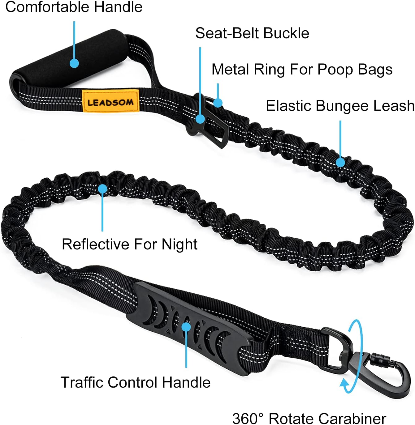 Black heavy duty dog leash with shock absorbing elastic bungee.