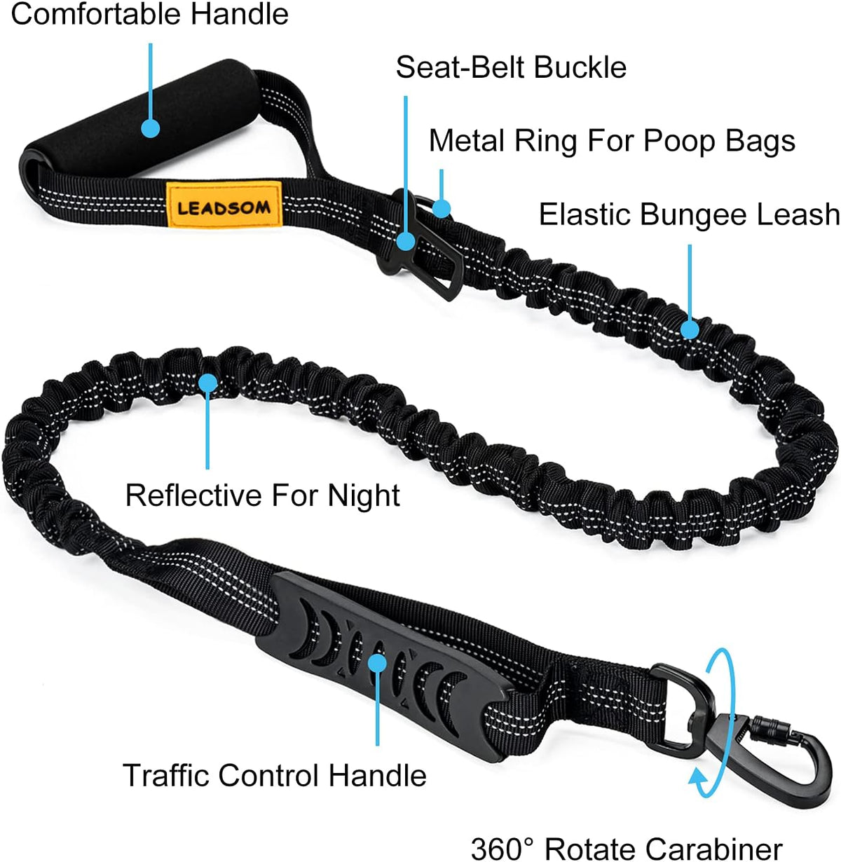 Black heavy duty dog leash with shock absorbing elastic bungee.