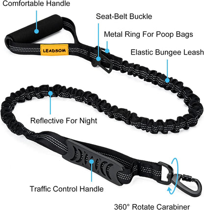 Black heavy duty dog leash with shock absorbing elastic bungee.