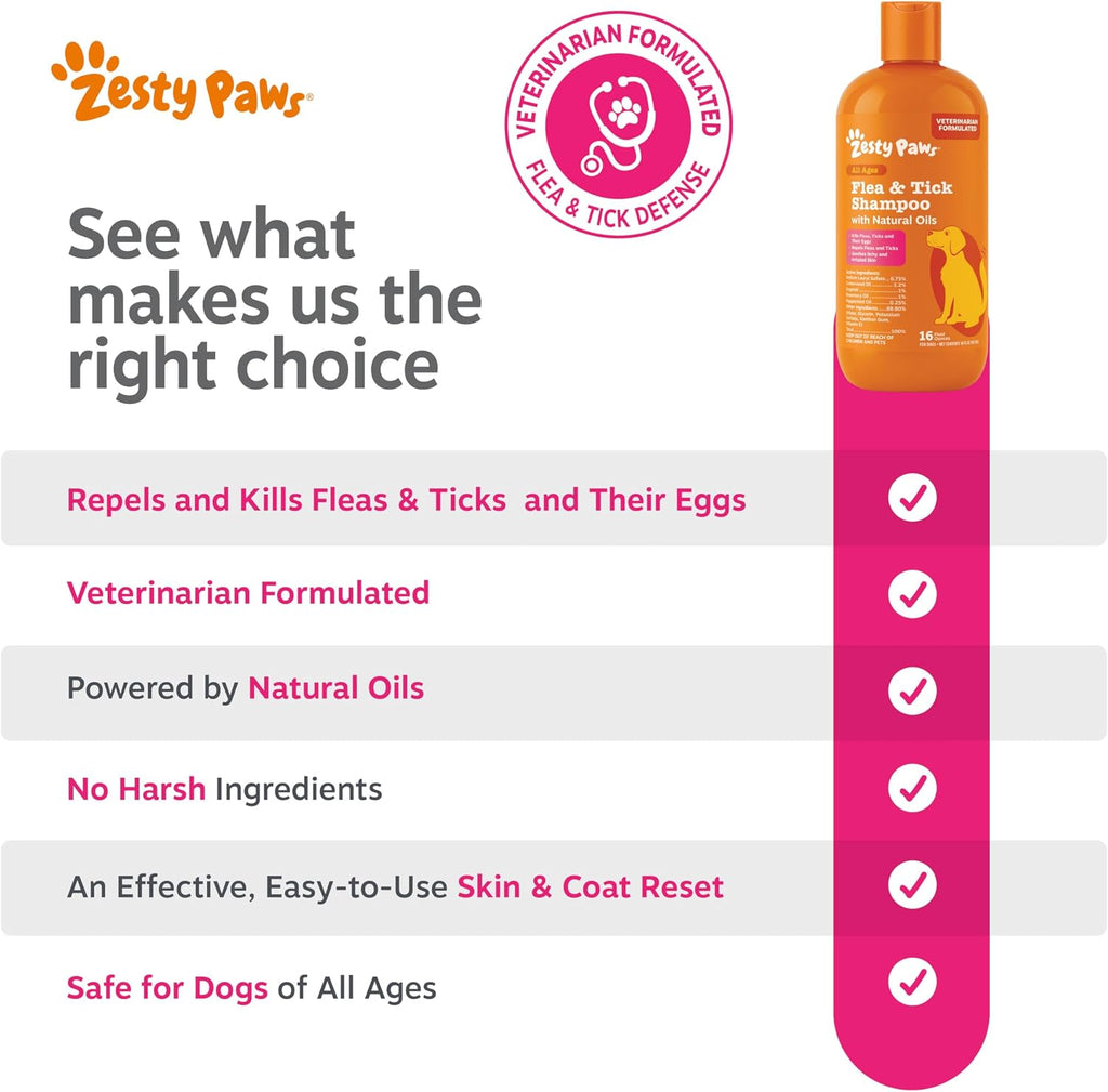 Back of bottle showing directions for Zesty Paws flea shampoo