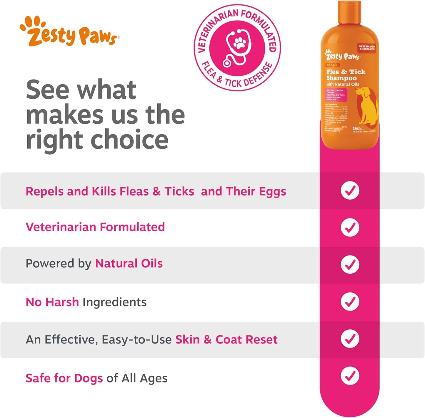 Back of bottle showing directions for Zesty Paws flea shampoo