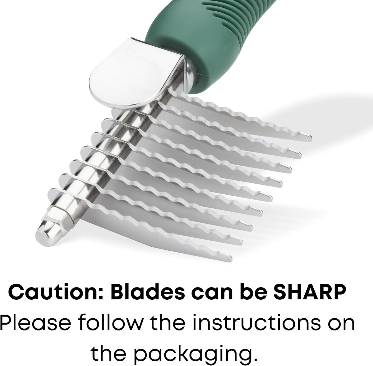 Ergonomic green pet grooming rake for removing stubborn knots at home