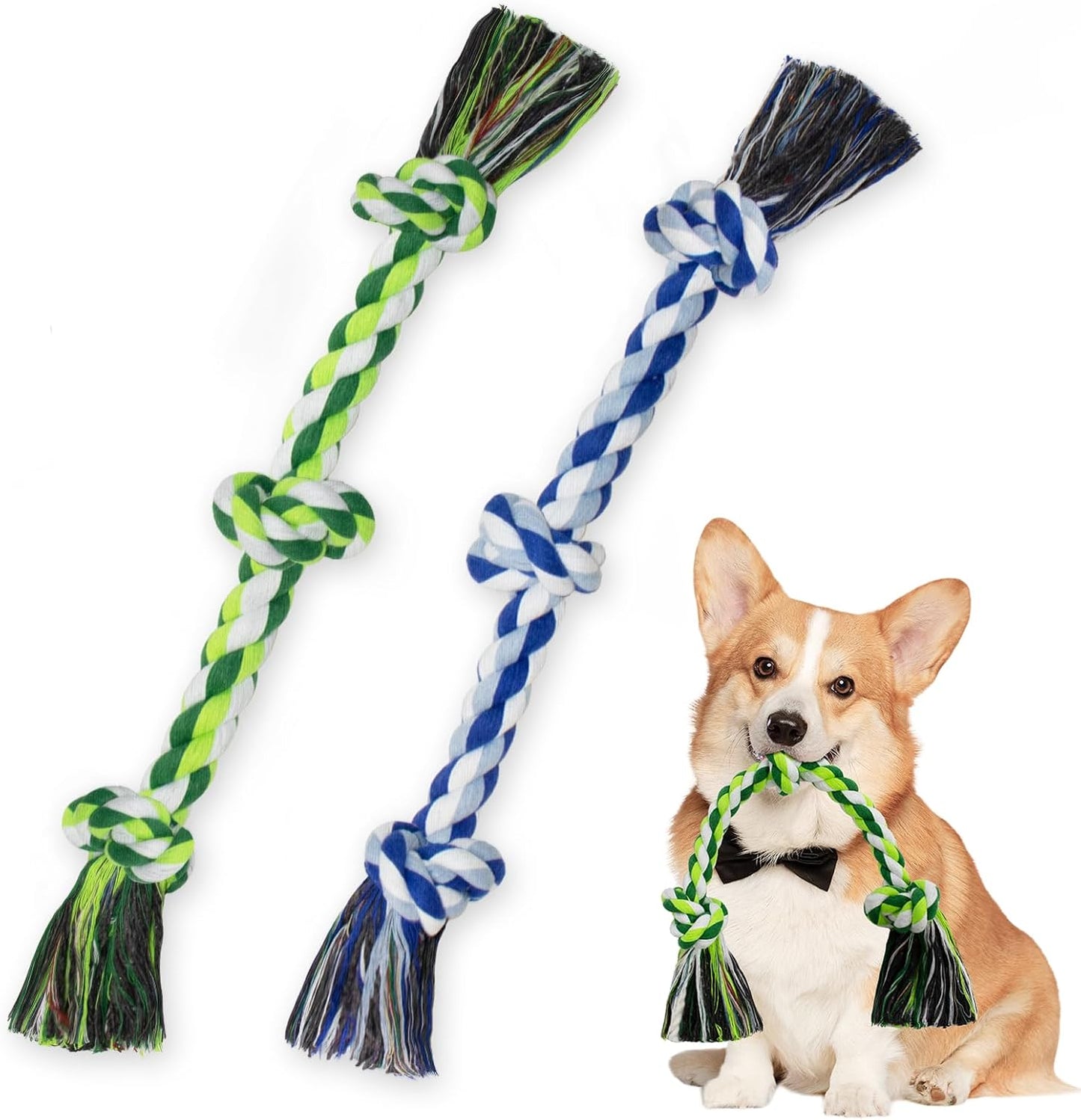 WDZZHOT 2 Pack Dog Rope Toys front view showing multicolor three-knot cotton chew ropes for small dogs.