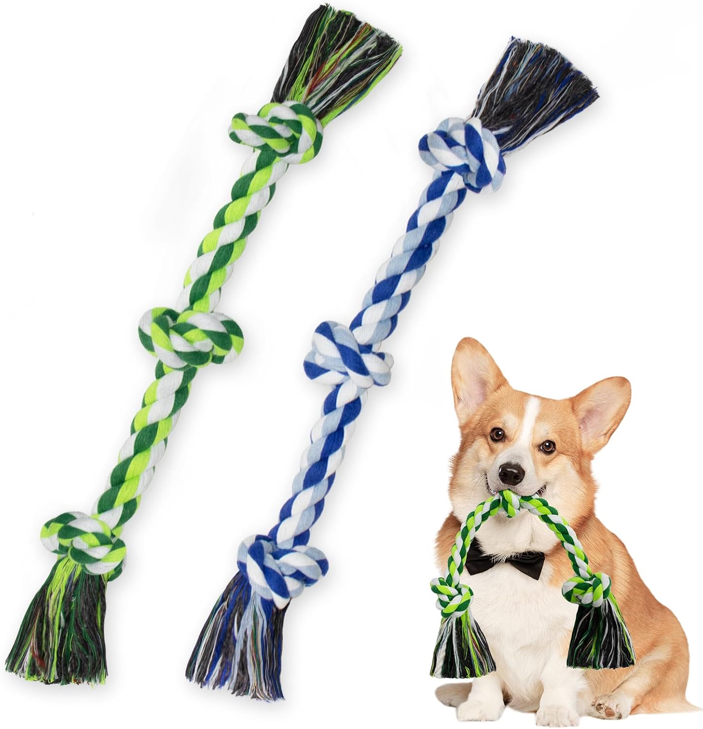 WDZZHOT 2 Pack Dog Rope Toys front view showing multicolor three-knot cotton chew ropes for small dogs.