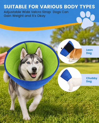 Side profile of dog wearing soft recovery cone